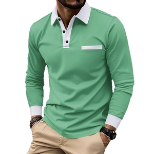 Polo homme à manches longues vert menthe avec col et poignets blancs contrastés