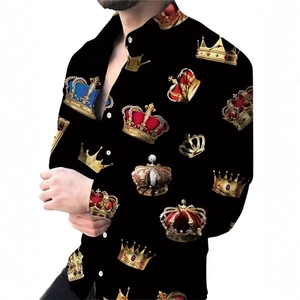 Slim fit long sleeve shirt for men with colorful 3D royal crown prints on black fabric