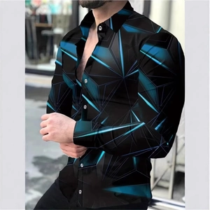 Men's slim fit long sleeve shirt with 3D blue geometric print and stylish lapel collar