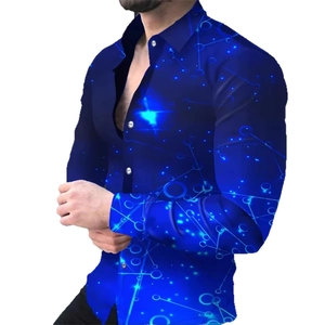 Slim fit men's long sleeve shirt featuring blue digital technology 3D graphic print