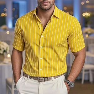 Men's ginger yellow vertical striped short sleeve casual shirt with button-down collar