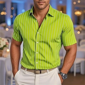 Close-up of bright green vertical striped short sleeve shirt with classic button-down collar