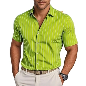 Men's casual slim fit short sleeve green and white striped shirt with lapel collar