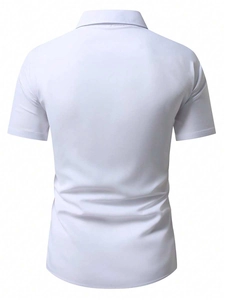 Back view of a white short-sleeved casual shirt for men with a curved hemline detail