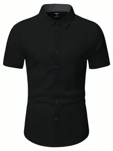 Detail view of men's short sleeve shirt collar with grey binding and sizing label