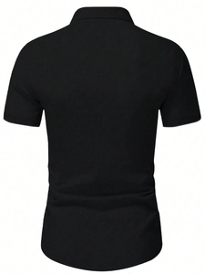 Rear view of black short sleeve polo shirt showing collar detail and ribbed sleeve cuffs
