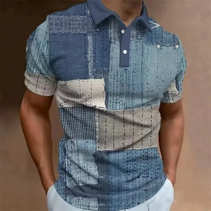 Detail of men's polo shirt with vintage denim patchwork print and dark blue collar