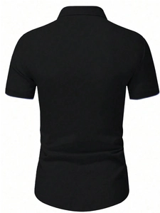 Close-up back view of a black men's short-sleeve polo shirt with subtle blue sleeve trim