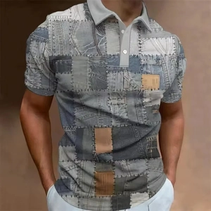 Close-up of the vintage denim patch print and light gray collar on the men's polo shirt