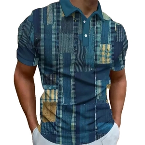 Men's retro patchwork short sleeve polo shirt with 3D digital vintage color block design