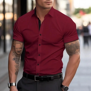 Detail of burgundy slim-fit shirt with black contrast collar and button placket