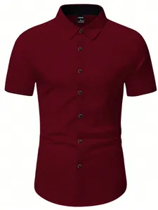 Detail of burgundy short-sleeve shirt collar with black inner trim and button closure