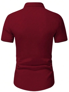 Back view of a slim fit short sleeve wine red polo shirt with textured fabric surface