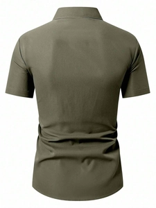 Back view of a men's olive green short sleeve polo shirt with a smooth fabric finish