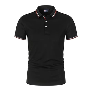 Men's black short sleeve polo shirt with red and white striped cuffs and collar details
