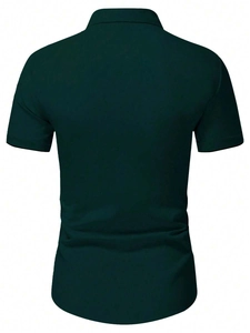 Rear view of forest green slim fit men's polo shirt with curved hem and pique texture
