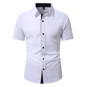 Men's summer short sleeve white shirt with black contrast trim on collar and placket