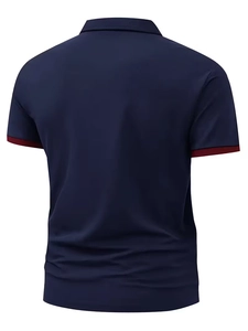 Rear view of navy blue men's polo shirt with burgundy ribbed sleeve detail and breathable fabric