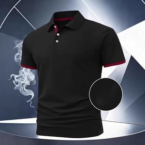 Men's black short sleeve polo shirt with red contrast trim and textured fabric detail
