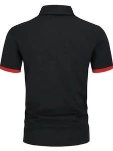Rear view of black short sleeve polo shirt with distinctive red trim on the ribbed cuffs