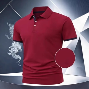 Detail of burgundy polo shirt featuring contrast navy piping and white button placket