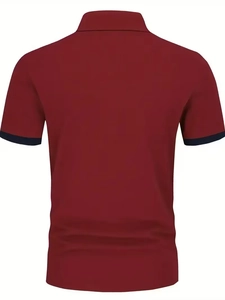 Rear view of men's burgundy short sleeve polo shirt with navy blue trim on cuffs