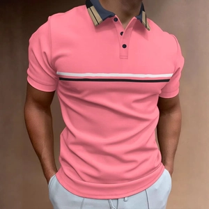 Men's pink slim fit polo shirt with vintage plaid collar and chest stripes decoration