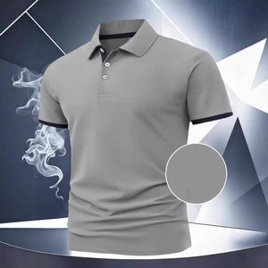 Detail of grey men's polo shirt showing contrast collar trim and textured fabric weave