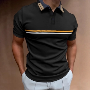 Men's business casual short sleeve polo shirt in black with striped collar and chest detail