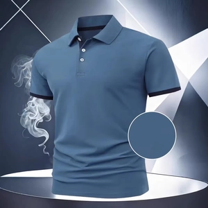 Detail view of men's polo shirt featuring navy ribbed cuffs and premium textured fabric