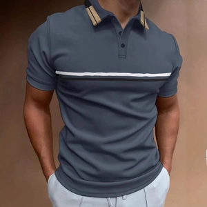 Men's blue-grey short sleeve polo shirt with striped chest and classic plaid collar