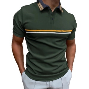 Men's dark green polo shirt with striped chest and plaid collar in breathable fabric