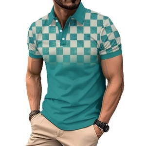 Men's slim-fit short sleeve polo shirt featuring teal and white checkered patchwork design