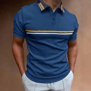 Detail of blue men's polo shirt with orange stripes and classic plaid pattern collar