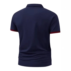 Men's short sleeve polo shirt in navy blue with burgundy contrast sleeve cuffs, back view