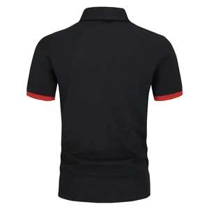 Men's short sleeve black polo shirt with red contrast sleeve cuffs, rear view in pique fabric