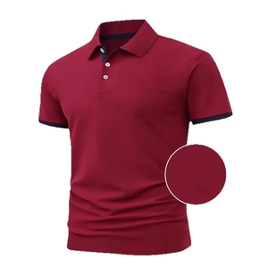 Men's short sleeve wine red polo shirt with contrast collar trim and fabric detail view