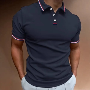 Polo à Manches Courtes d'été pour Hommes Mode Décontracté Bordure Rayée Col Contrasté Top Sportif en Polyester Respirant