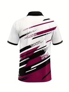 Rear view of white men's polo shirt with geometric stripes and black ribbed trims