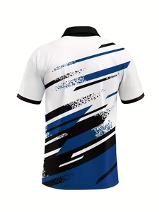 Rear view of men's polo shirt featuring blue and black geometric abstract prints