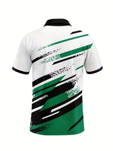 Back view of men's polo shirt with green and black geometric stripes on white fabric