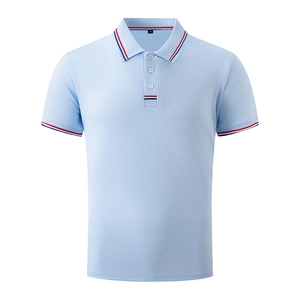 Détail du polo bleu clair avec col rayé, poignets contrastés et boutons blancs