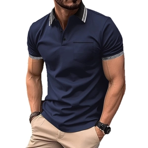Herren Navy Polohemd kurzarm mit griechischem Mäandermuster und Brusttaschen-Detail