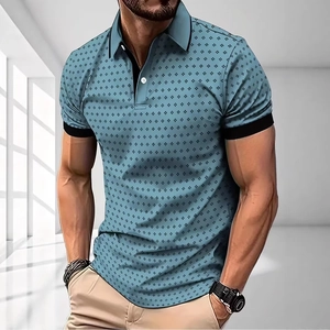 Polo da Uomo Business Casual a Maniche Corte con Stampa Geometrica Traspirante e Finiture a Contrasto Top Moda Streetwear Estiva