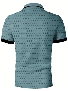 Vista posteriore di una polo da uomo slim fit con stampa geometrica e bordi neri