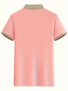 Vue arrière du polo rose pour hommes avec col et poignets contrastés en maille beige