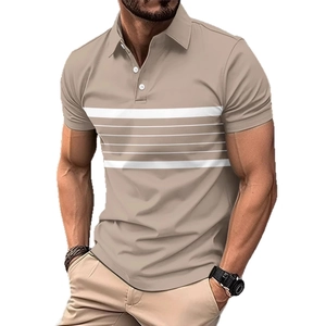 Men's khaki short sleeve polo shirt with white chest stripes and classic collar