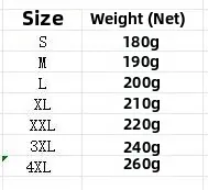 Detailed weight chart for leopard print long sleeve shirt showing sizes S to 4XL in grams