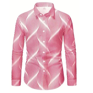 Slim fit men's long sleeve shirt with red and white 3D geometric wave print and lapel collar