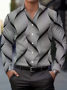 Detail of slim fit long sleeve shirt featuring black and white wavy geometric 3D print pattern